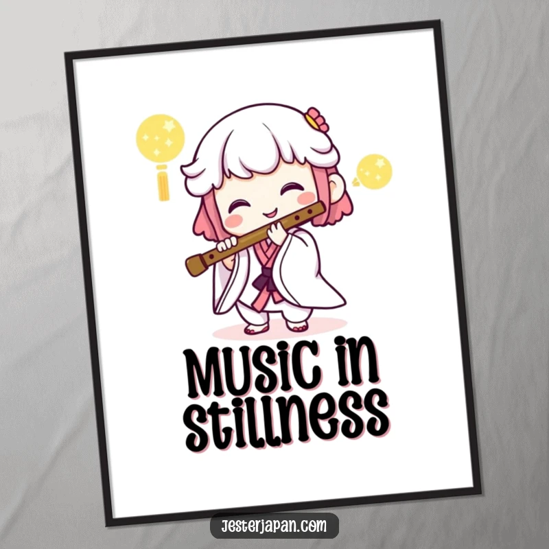 Funny digital art print of a smiling Kawaii character playing a traditional Japanese flute, celebrating music and culture.