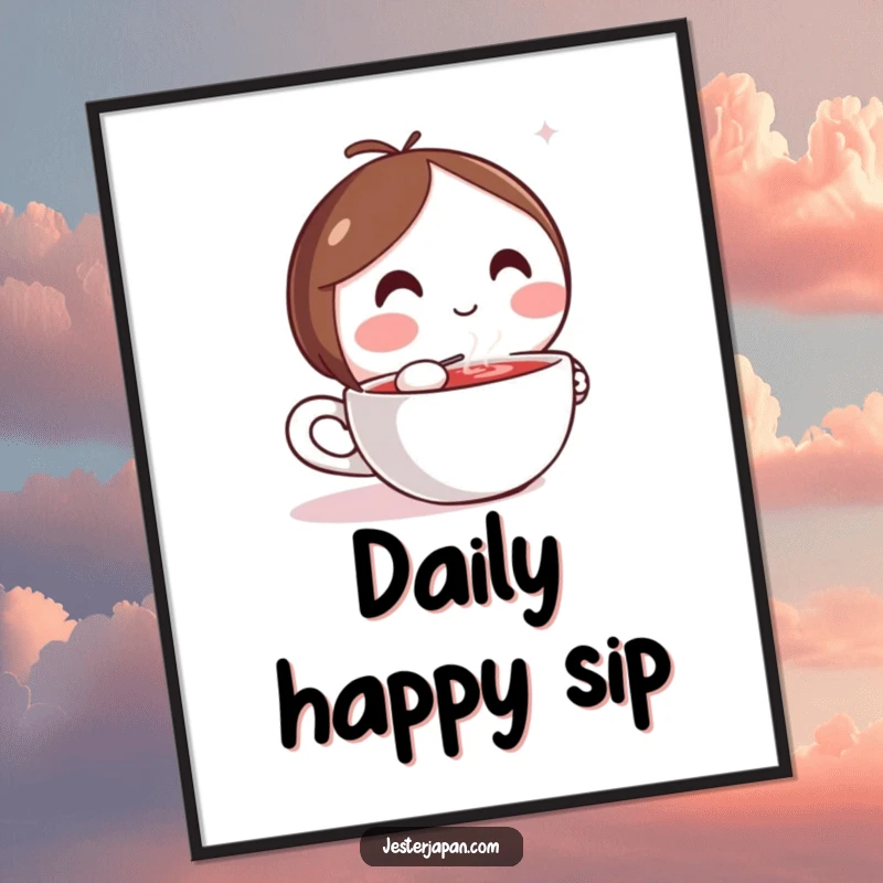 Funny digital art print of a round Kawaii character happily sipping from a steaming cup, symbolizing peace and joy.