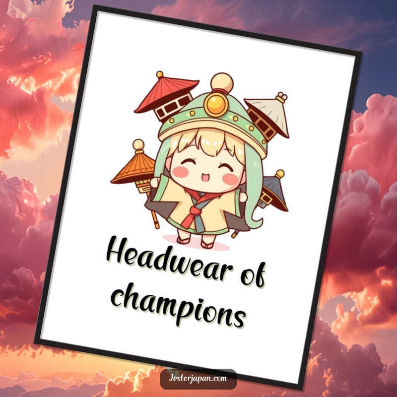 Funny digital art print of a Kawaii character enthusiastically trying on various traditional hats, celebrating fashion.