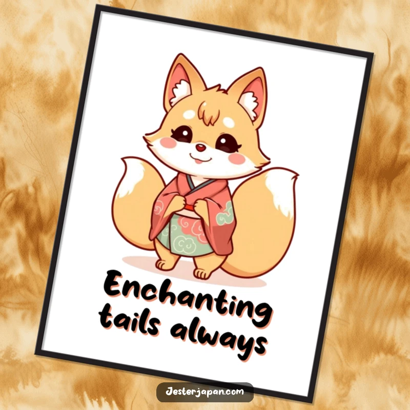 Funny Kitsune Kimono Digital Art Print of a cheerful nine-tailed fox in a traditional kimono, ready to bring joy to any room.
