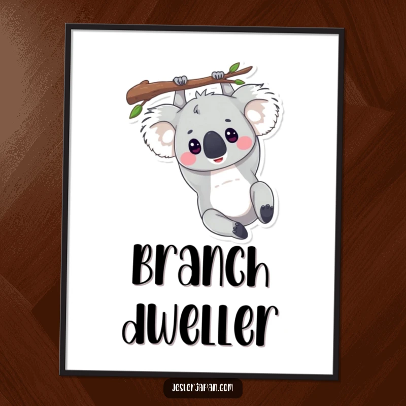 Funny digital art print of a koala hanging upside down from a branch, creating instant wall art with a relaxed, humorous feel.