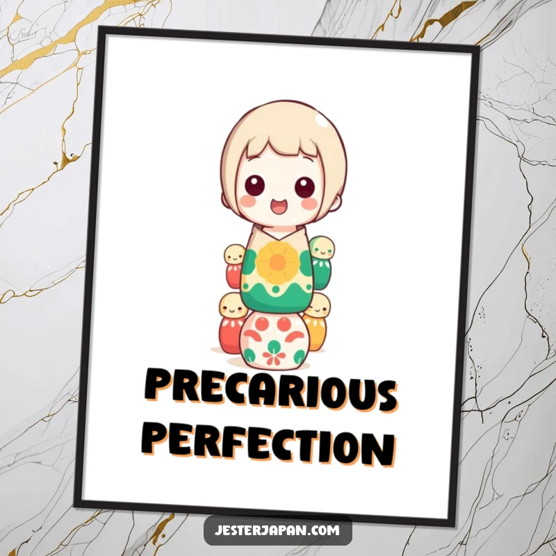 Funny kokeshi doll balancing digital art print, depicting a happy character stacking colorful dolls, instant wall decor and funny gift.