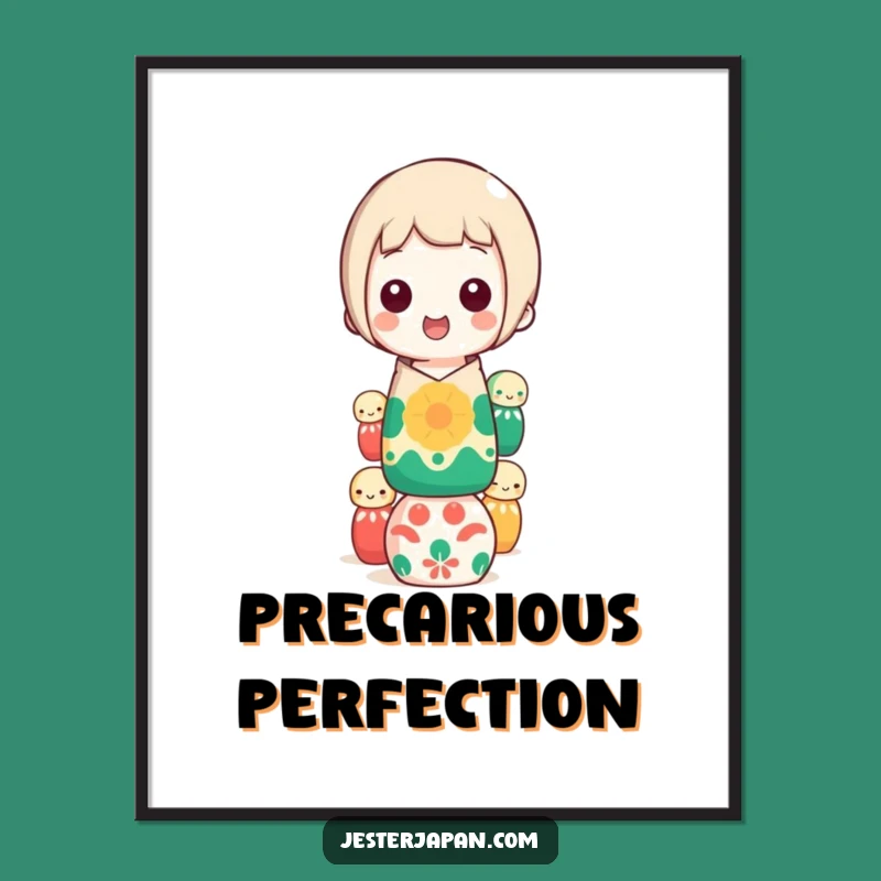 Funny Kokeshi Doll Balancing Digital Print: Instant Humor Art