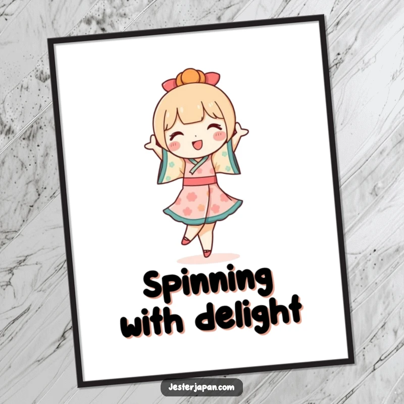 Funny Kokeshi Doll Digital Art Print: A cute Kokeshi doll character joyfully performs a pirouette in this charming artwork.