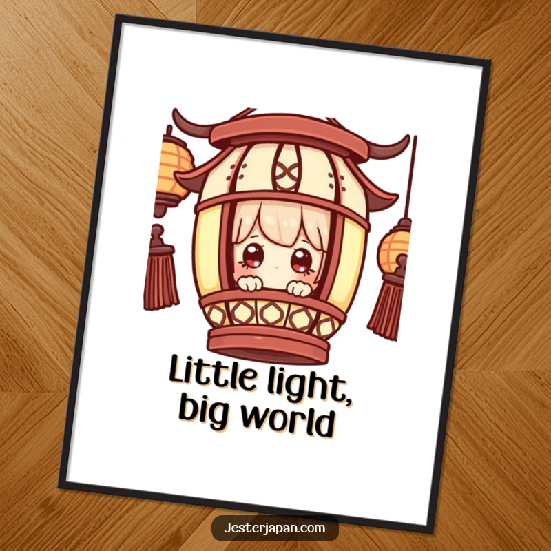 Funny Digital Art Print: Little character peeking from a traditional lantern, eyes wide with wonder, creating a magical scene.