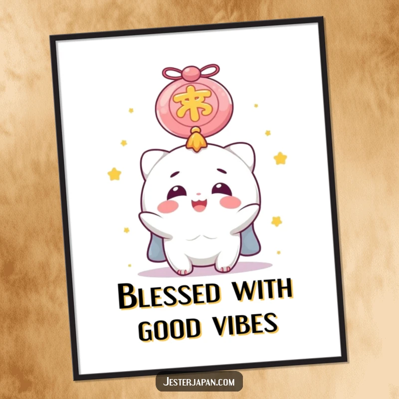 Funny Digital Art Print of a character with a joyful face, looking up at a colossal lucky charm, conveying happiness and optimism for instant home decor.