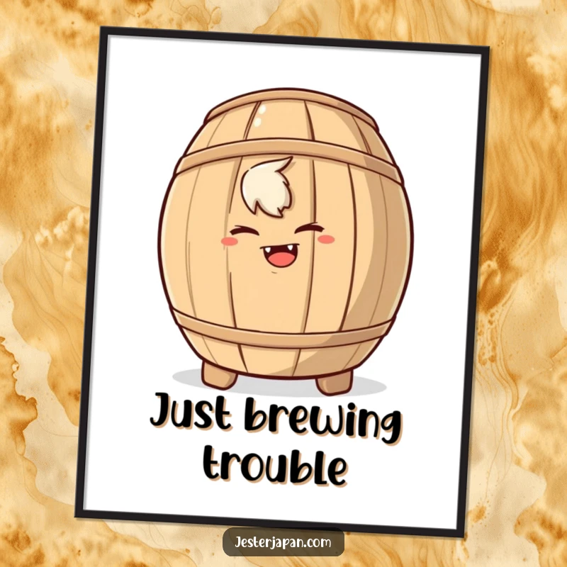 Funny digital art print of a mischievous character hiding behind a sake barrel, perfect for playful and intriguing decor.