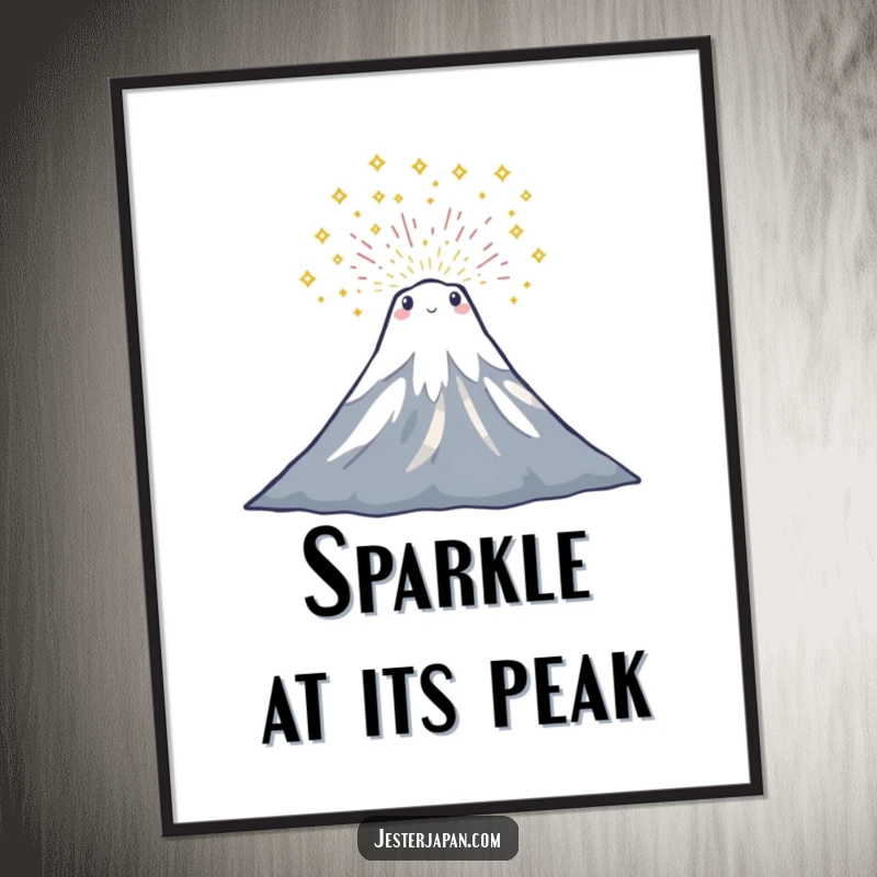 Funny digital art of a tiny Mount Fuji character erupting with a dazzling explosion of sparkles, instantly downloadable.