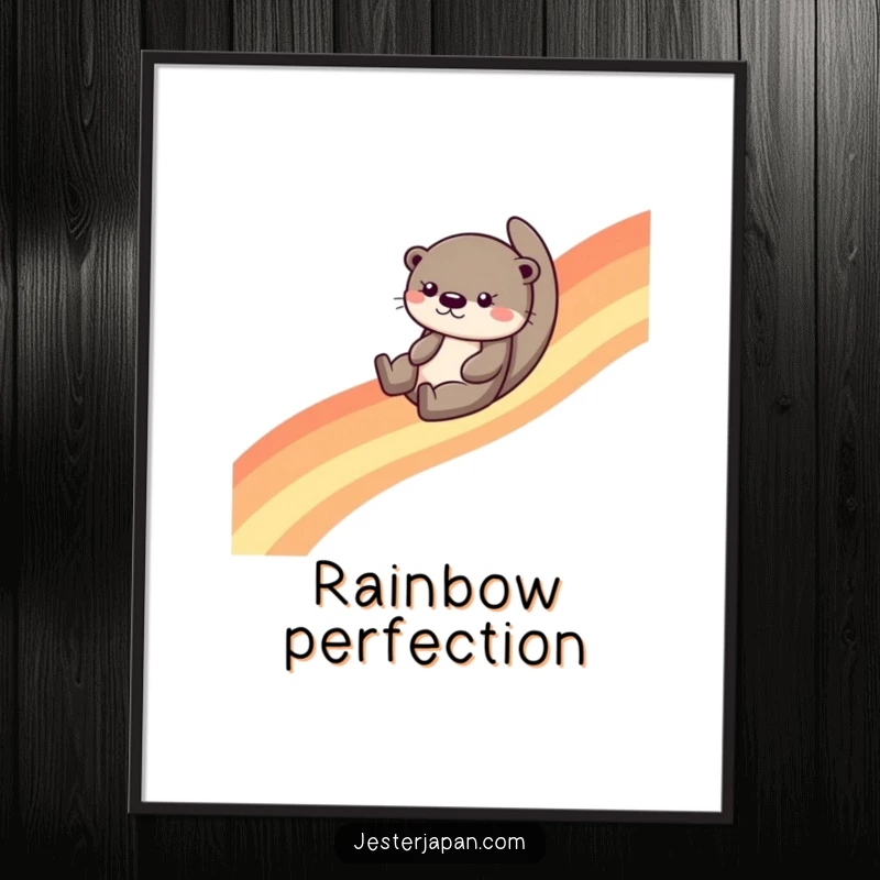 Funny otter character joyfully descending a bright rainbow, available as a digital art print for instant, cheerful home decor.