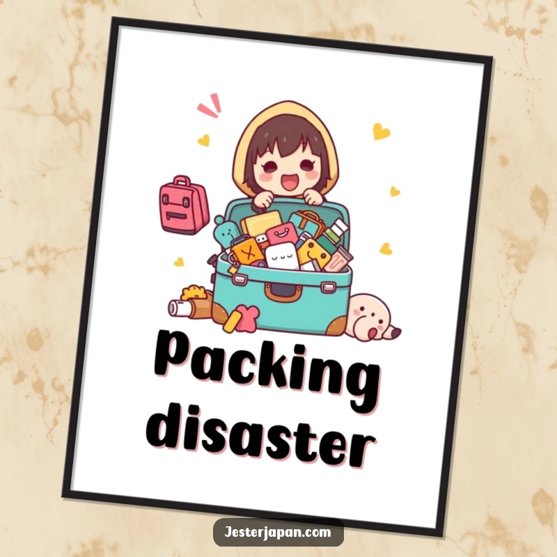Funny Kawaii character packing digital art print, showing items spilling from a suitcase, perfect for travel humor.