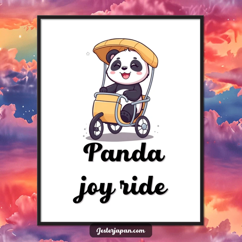 Funny Panda rickshaw digital art print with a smiling character riding a miniature rickshaw with glee, ideal for instant, joyful decor.