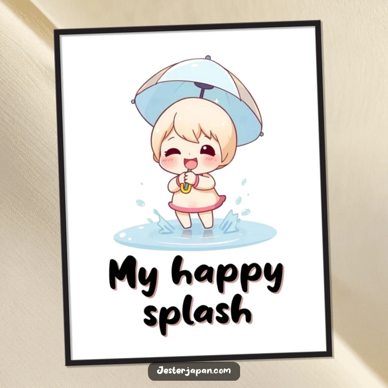 Funny Digital Art Print: Character with a tiny umbrella, joyfully splashing in a puddle, smiling.