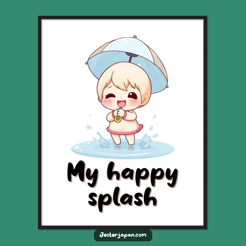 Funny Puddle Splashing Digital Print: Instant Joy with Character's Umbrella Art