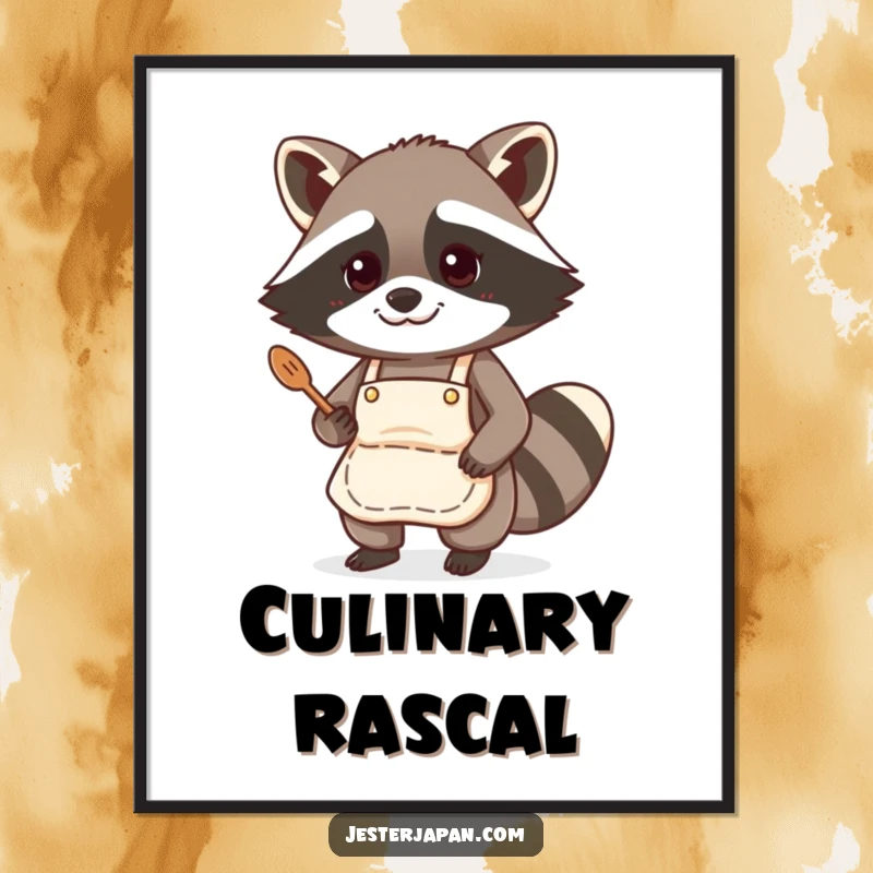 Funny digital art print of a raccoon chef in an apron, cooking, creating instant wall art with a humorous kitchen theme.