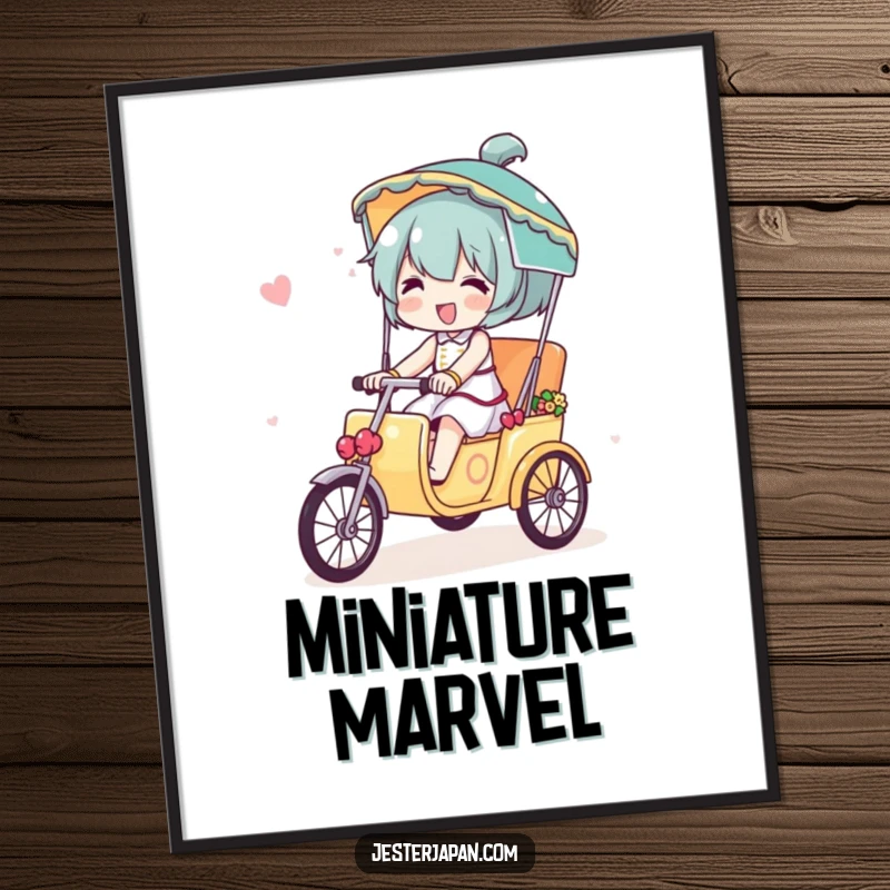 Funny digital art print of a character joyfully riding a miniature decorated rickshaw, perfect for instant whimsical wall art.