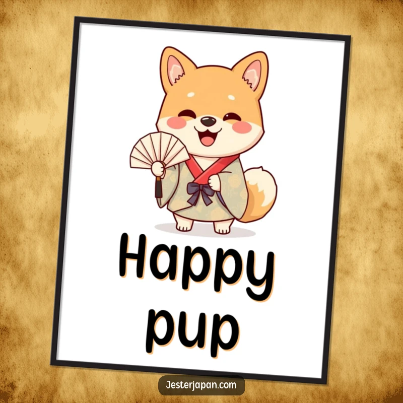 Funny digital art print of a cheerful Shiba dog in a colorful kimono happily waving a paper fan, humorous wall art.