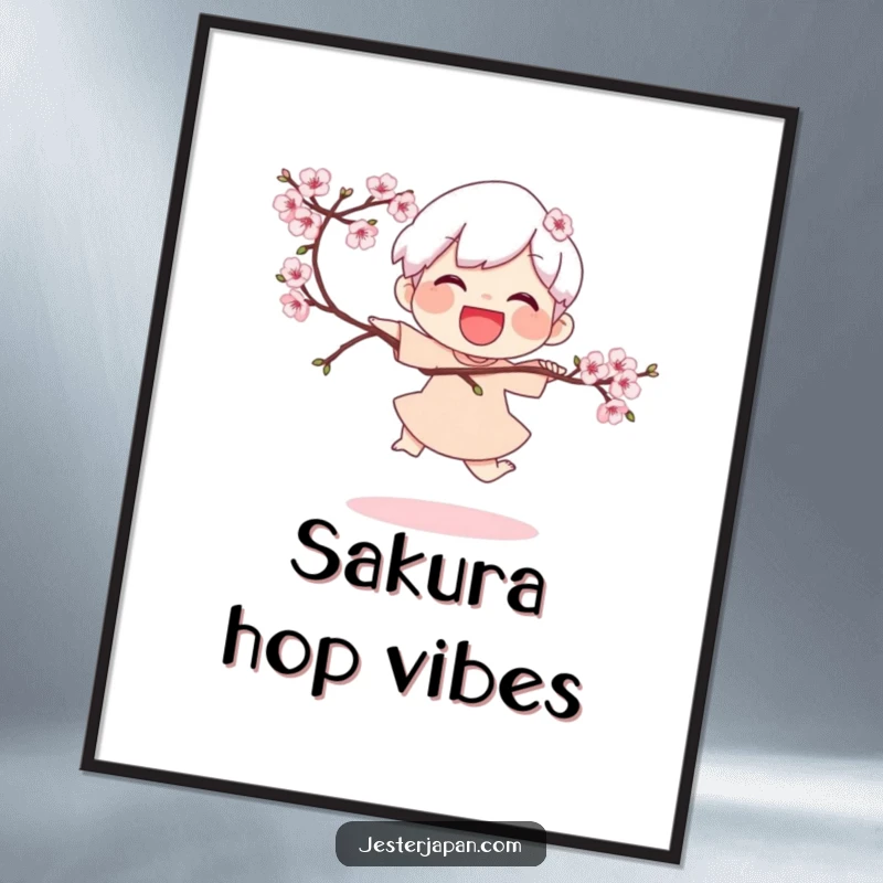 Funny Digital Art Print: Joyful character doing a playful hop while holding a blooming cherry branch, creating a scene of vibrant spring joy.