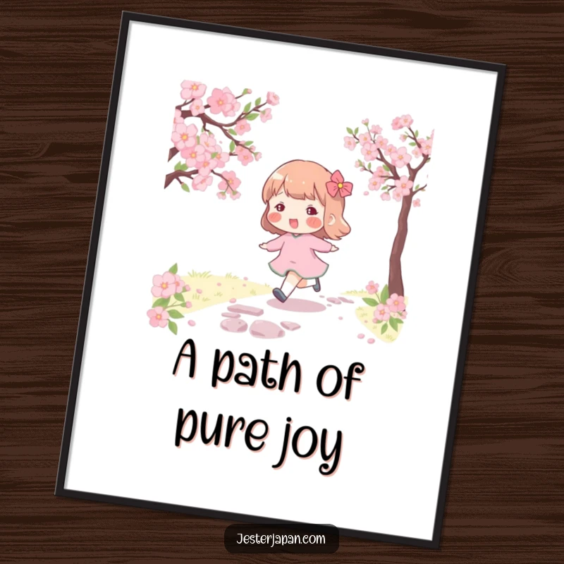 Funny digital art print of a character with rosy cheeks skipping along a cherry blossom path, perfect for joyful spring decor.
