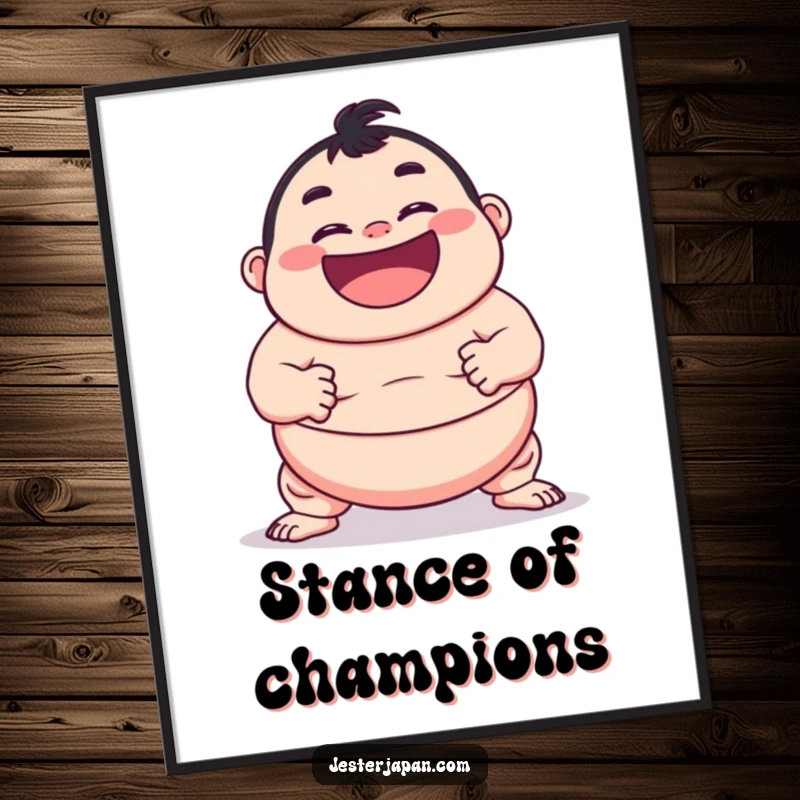 Funny digital art print of a character with a huge grin attempting a sumo pose, ready to be printed.