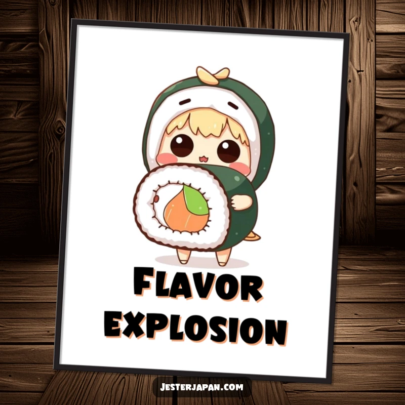 Funny digital art print of a cute anime character with a surprised expression clutching a giant sushi roll, instant download.