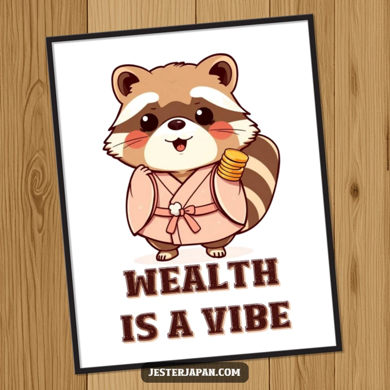 Funny Tanuki Kimono Digital Art Print of a playful raccoon dog in a kimono, loaded with stacks of lucky coins.