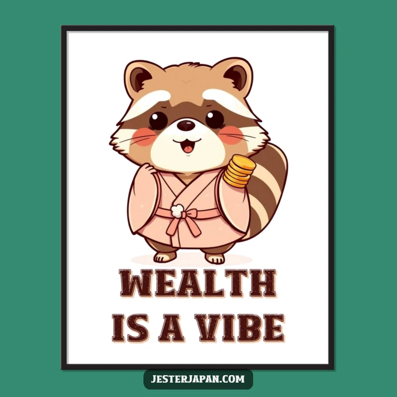 Funny Tanuki Kimono Digital Art: Playful Coins Printable, Lucky Japanese Gift