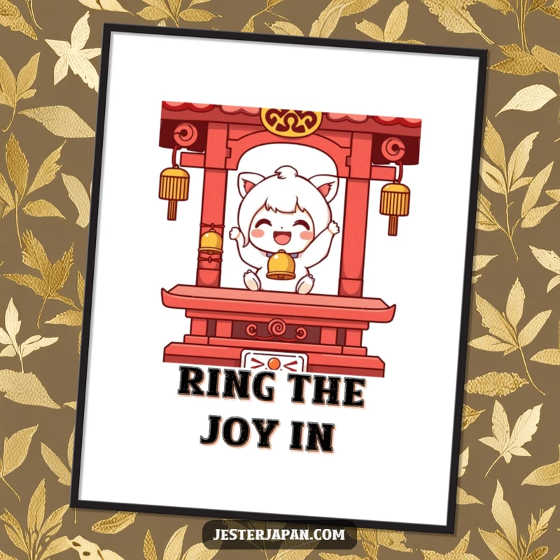 Funny digital art print of a character joyfully ringing a tiny temple bell, exuding happiness and peaceful vibrations for wall decor.
