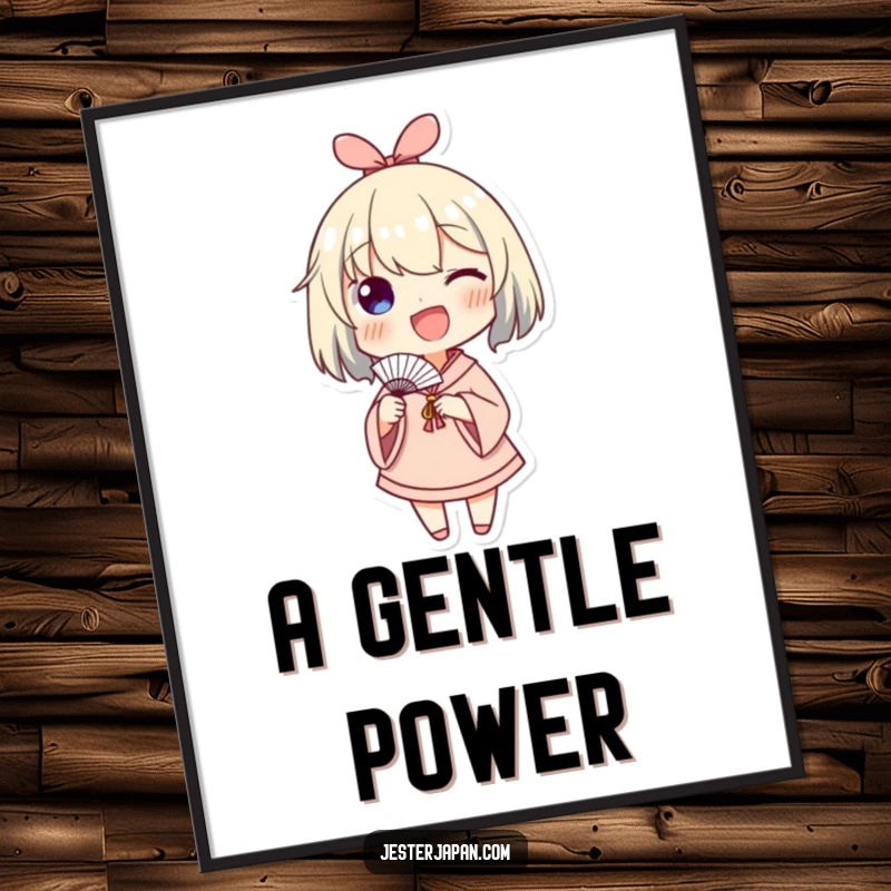 Funny digital art print of a character enthusiastically waving a small paper fan, capturing a moment of breezy joy and happiness.
