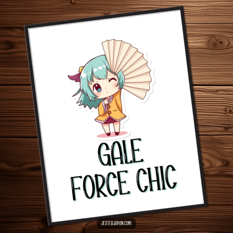 Funny Giant Fan Digital Art Print: Instant download art of a small character dramatically creating wind with a giant fan, ideal for bold, humorous decor.