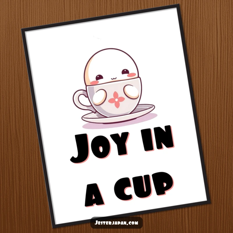 Funny Kawaii character sipping digital art print, depicting a steaming cup and contented enjoyment for instant calm.