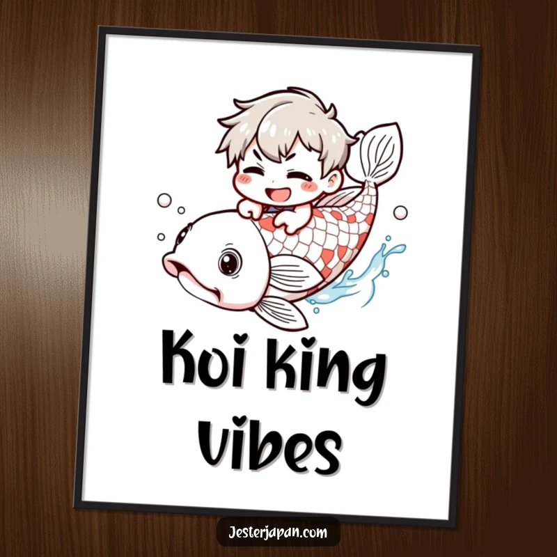 Funny Digital Art Print: Kawaii character with a mischievous grin riding a giant koi fish, creating a humorous and playful scene.
