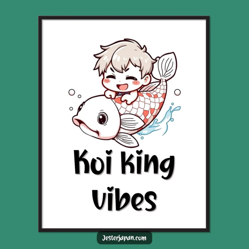 Funny Kawaii Koi Rider Digital Art: Mischievous Character Print, Humorous Decor