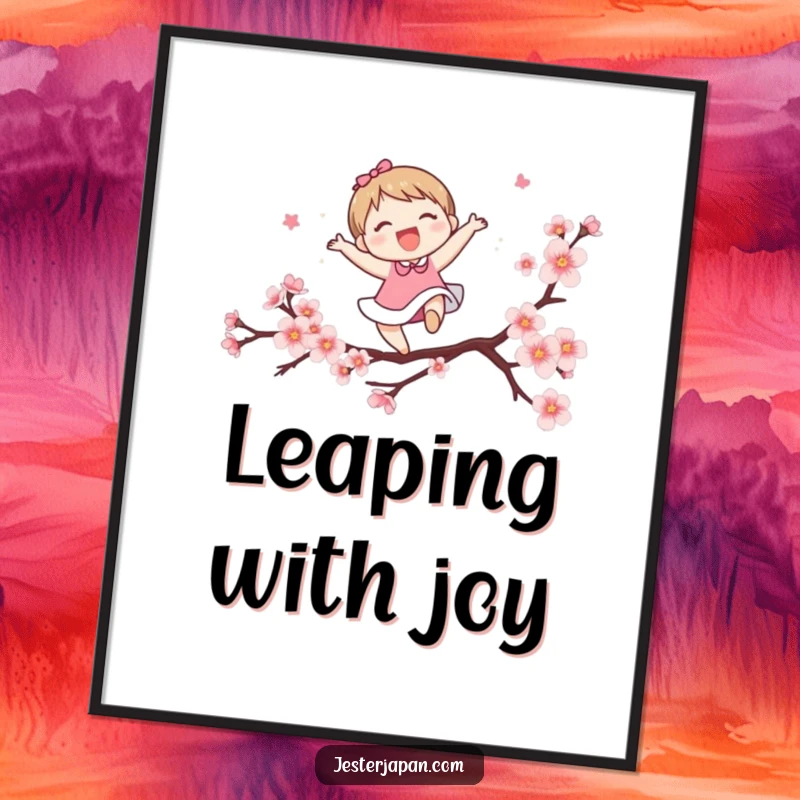 Funny digital art print of a cute character joyfully leaping over a stylized cherry blossom branch. Brings instant spring vibes and whimsical decor.