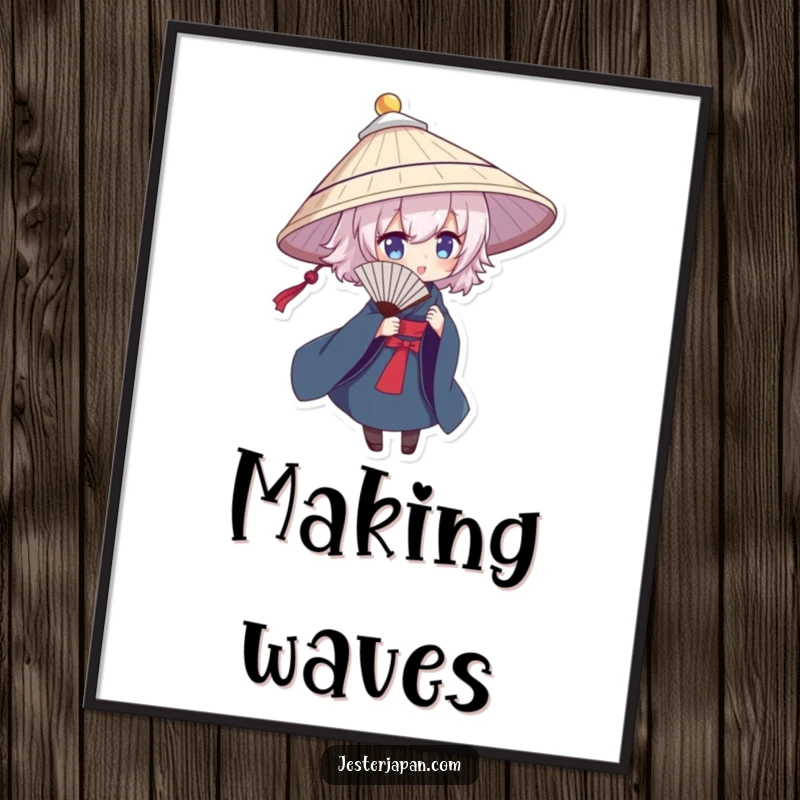 Funny digital art print of a character in a traditional hat, dramatically posing with a fan, instant download.