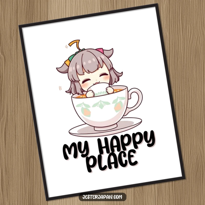 Funny digital art print of a cartoon character with a large teacup, full of energy and zest, perfect for instant humorous wall decor.