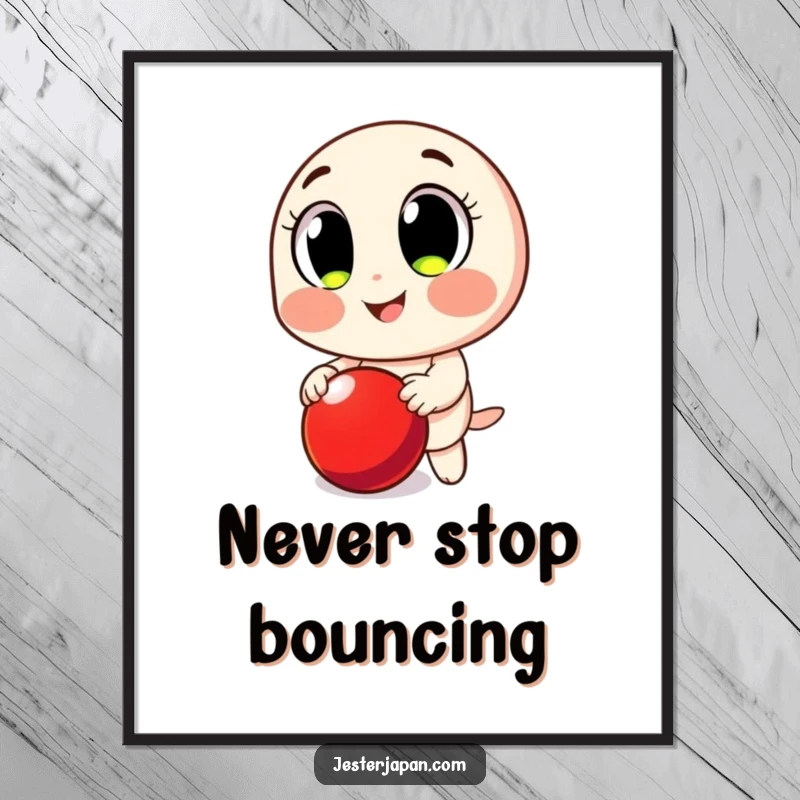 Funny Digital Art Print: Character with big, smiling eyes, happily bouncing a bright red ball.