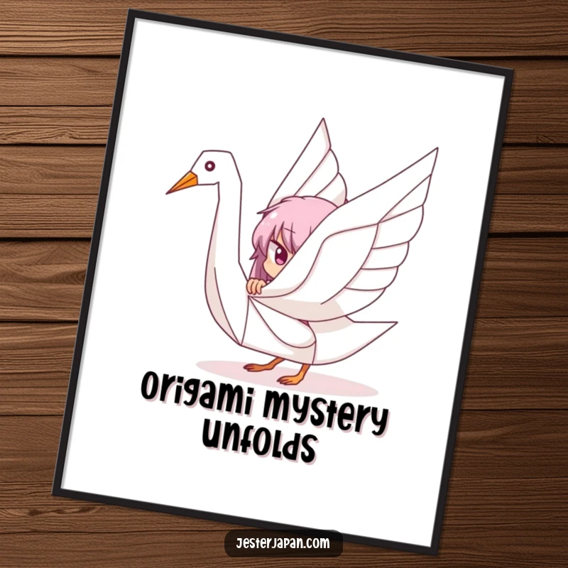 Funny digital artwork of a character playfully peeking from behind a stylized origami crane, offering a whimsical and artistic visual experience.