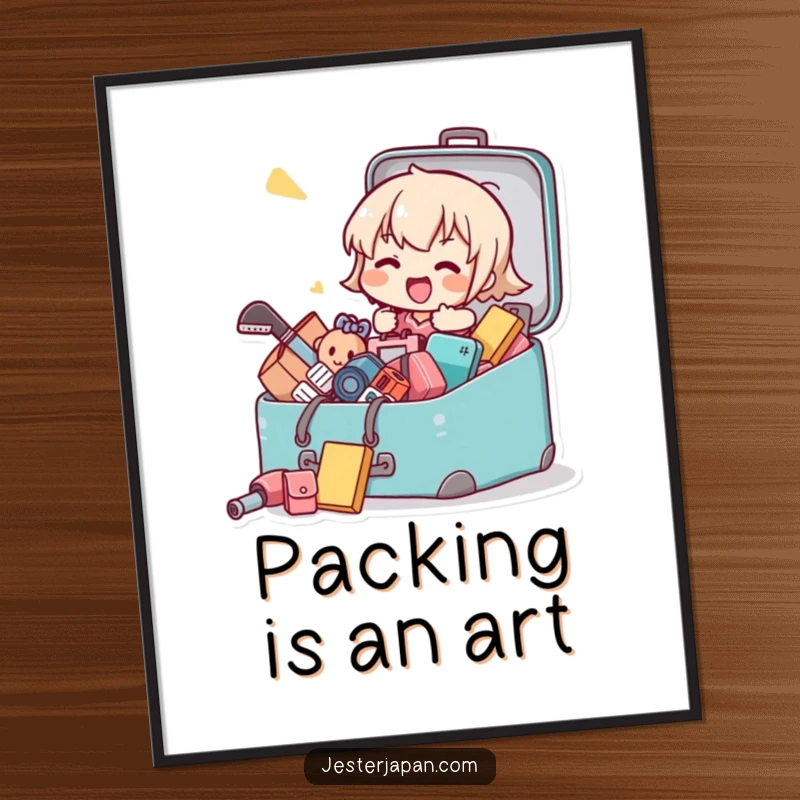 Funny digital art print of a Kawaii character joyfully packing a suitcase with items spilling out, whimsical decor.