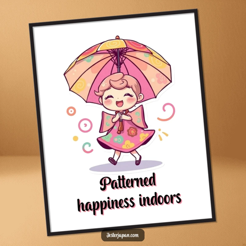 Funny digital art of a cheerful umbrella character dancing with dynamic swirling colorful patterns, instantly downloadable.