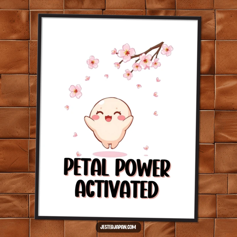 Funny Kawaii digital art print of a small, round character joyfully catching falling cherry blossoms, bringing instant serene beauty and gentle humor.