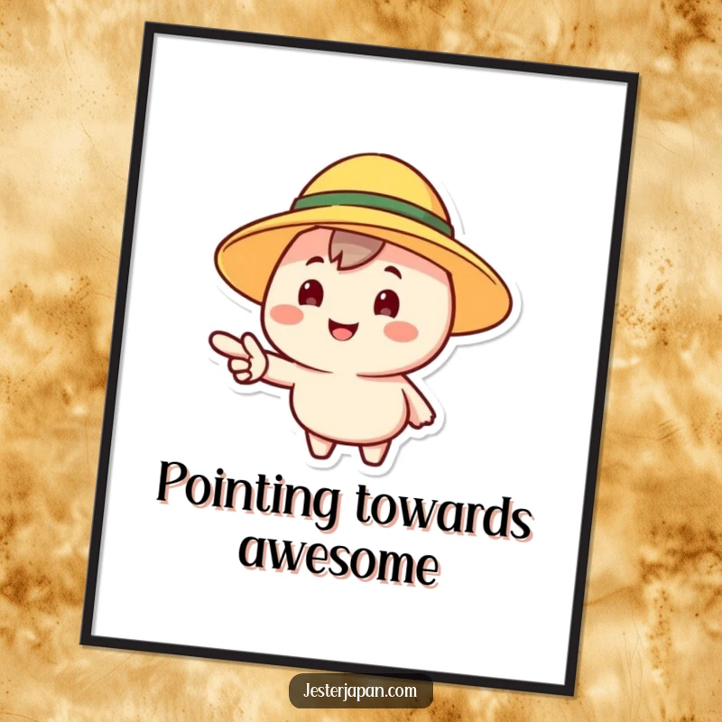 Funny digital art print of a cheerful character in a sun hat pointing forward, perfect for inspiring and positive decor.