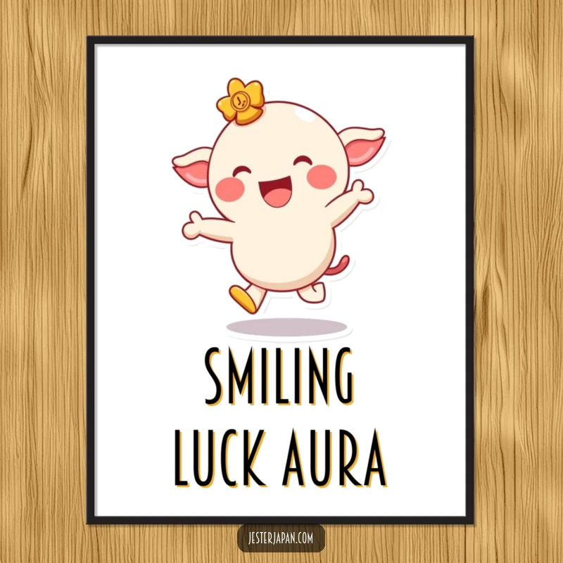Funny digital art of a giggling lucky charm character hopping playfully with a wide smile, instantly downloadable.