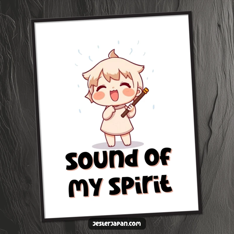 Funny digital artwork of a character excitedly shaking a rain stick, producing a whimsical shower of beads, symbolizing peace and joy.