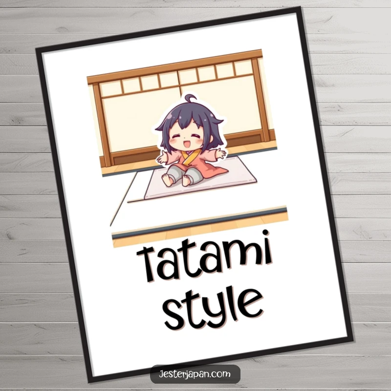 Funny digital art print of a character playfully sliding smoothly on a tatami mat. Brings instant playful vibes and a relaxing decor element.