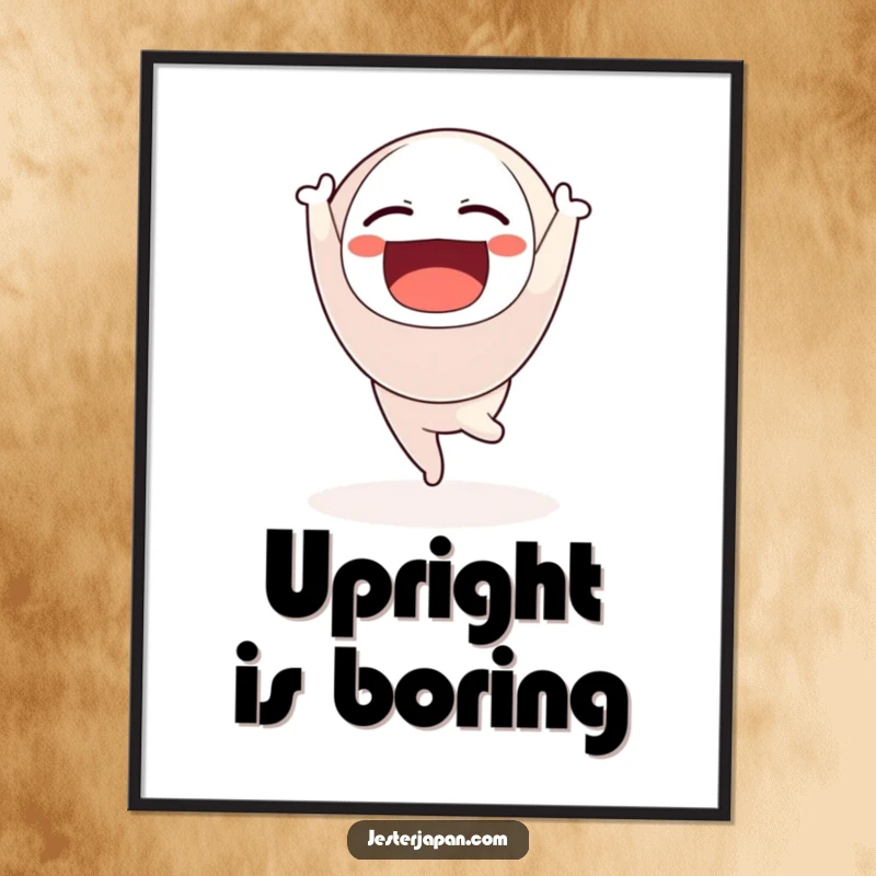 Funny digital art print of a Daruma doll character joyfully doing a handstand while floating, symbolizing positivity.