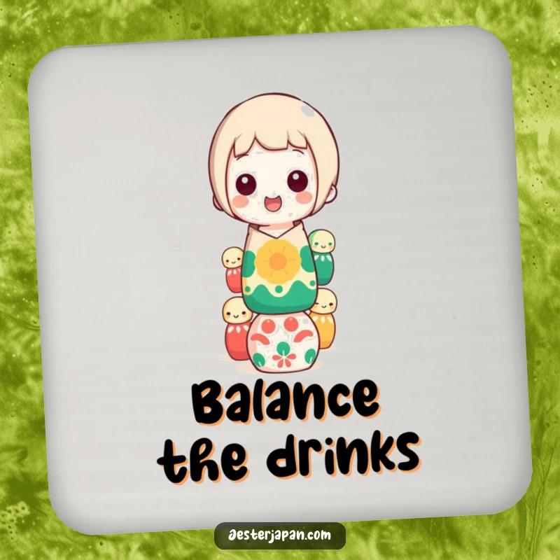 Funny kokeshi doll balancing coaster, featuring a happy character stacking colorful dolls, practical and humorous, a funny gift.
