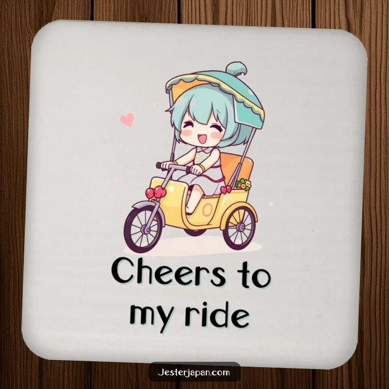 Funny coaster depicting a character joyfully riding a miniature decorated rickshaw, perfect for adding whimsical travel humor.