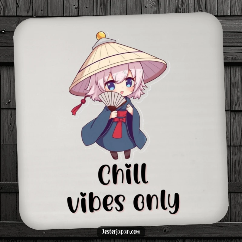 Funny drink coaster with a character in a traditional hat, dramatically posing with a fan, protecting surfaces with style.