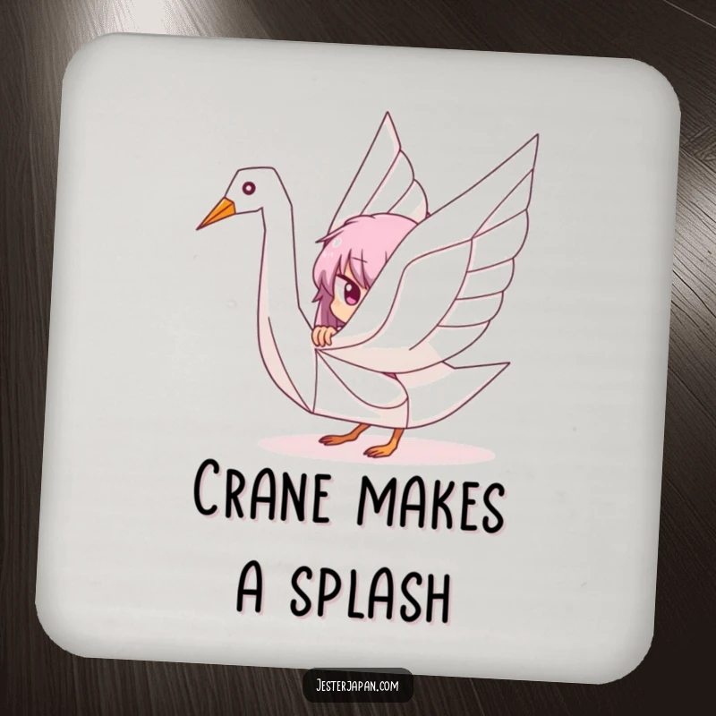 Funny drink coasters with a character playfully peeking from behind a stylized origami crane, adding artistic flair to any table setting.