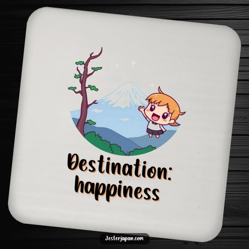 Funny drink coaster depicting a character pointing at a stylized Mount Fuji, protecting furniture with travel humor.